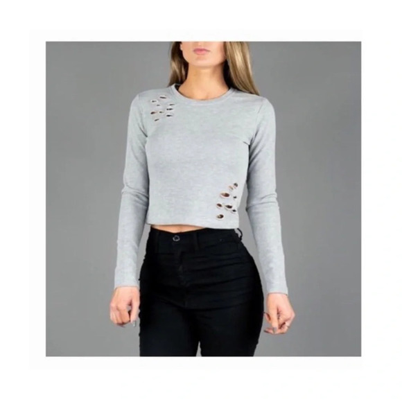 Alphalete Distressed Long Sleeve Crop Top in Gray - Size XS - Picture 7 of 7
